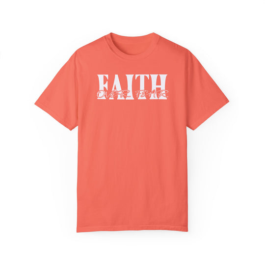 A Faith Over Fear Tee: Red shirt with white text, close-up view. 100% ring-spun cotton, garment-dyed for coziness. Relaxed fit, durable double-needle stitching, seamless design. From Worlds Worst Tees.