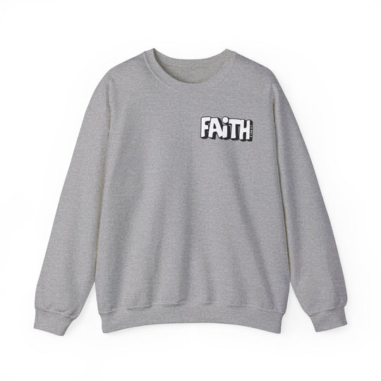 A unisex heavy blend crewneck sweatshirt featuring Walk By Faith Not By Sight text. Made of 50% cotton and 50% polyester, with ribbed knit collar and no itchy side seams. Medium-heavy fabric, loose fit, true to size.