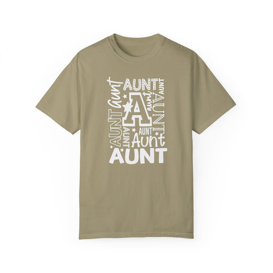 Aunt Tee: Tan t-shirt with white text and star design. 100% ring-spun cotton, garment-dyed for coziness. Relaxed fit, double-needle stitching for durability. Ideal for daily wear.