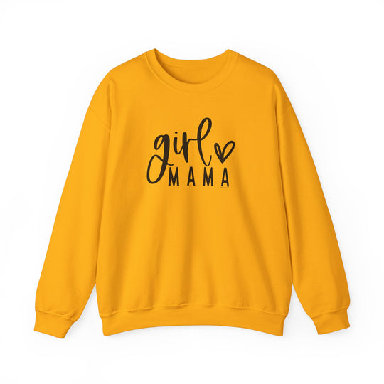 A unisex heavy blend crewneck sweatshirt, Girl Mama Crew, in yellow with black text. Made of 50% cotton, 50% polyester, ribbed knit collar, no itchy side seams, loose fit. Ideal comfort for any occasion.