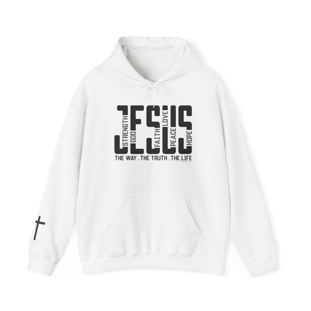 A cozy unisex Jesus Hoodie in white, featuring black text. Made of 50% cotton and 50% polyester, with a kangaroo pocket and matching drawstring hood. Ideal for chilly days.