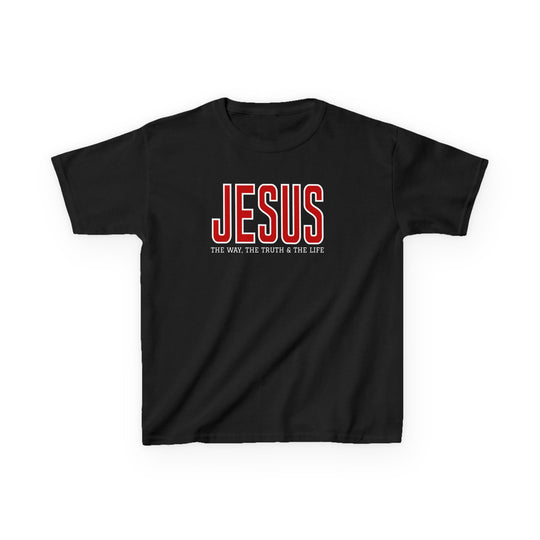 Jesus the Way, the Truth, the Life Kids Tee: Black T-shirt with bold red-outlined white JESUS print, tagline THE WAY, THE TRUTH & THE LIFE beneath.