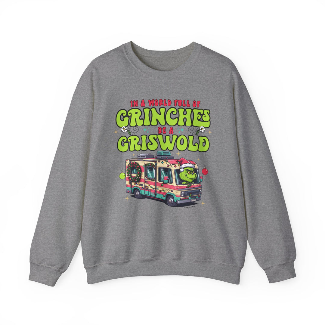 Unisex heavy blend crewneck sweatshirt featuring a cartoon image of a Christmas holiday vehicle, a green animal with a red hat, and a Grinch in a camper van. Comfortable, loose fit with ribbed knit collar. Sewn-in label.