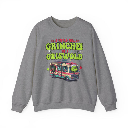 Unisex heavy blend crewneck sweatshirt featuring a cartoon image of a Christmas holiday vehicle, a green animal with a red hat, and a Grinch in a camper van. Comfortable, loose fit with ribbed knit collar. Sewn-in label.
