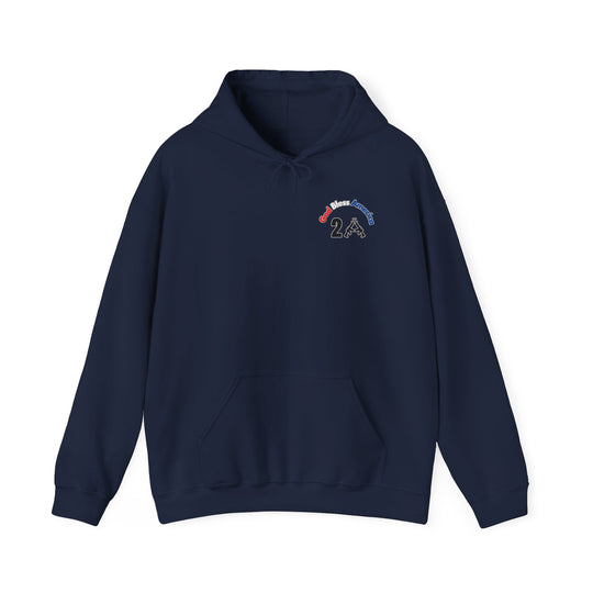 A blue God Bless America 2A hoodie with logo and guns, a blend of cotton and polyester, featuring a kangaroo pocket and drawstring hood. Unisex, heavy fabric, tear-away label, true to size.