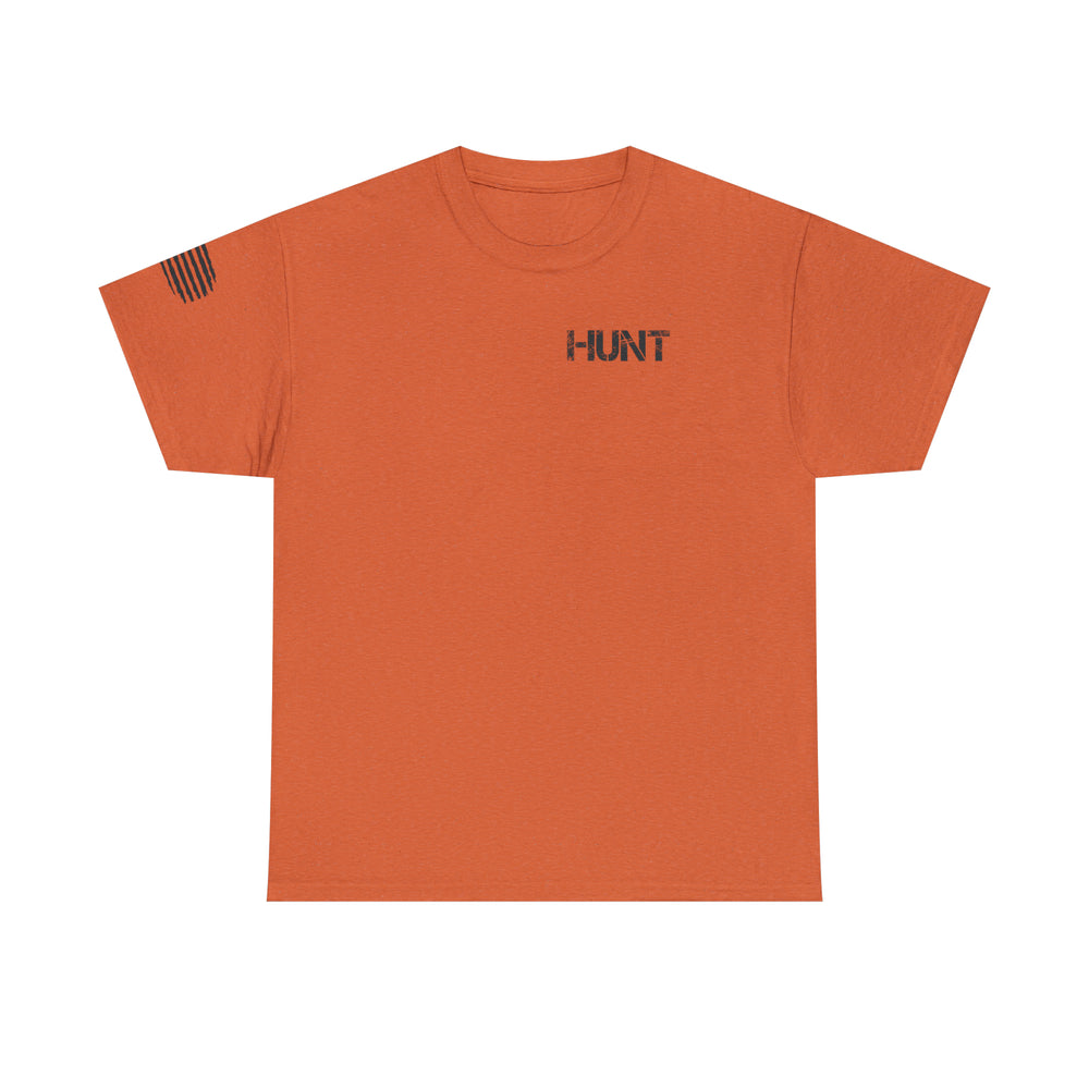 Alt text: American Hunter Tee: Premium fitted men’s short sleeve t-shirt with ribbed knit collar, side seams for shape retention, and roomy fit. Made of 100% combed, ring-spun cotton for comfort and style.