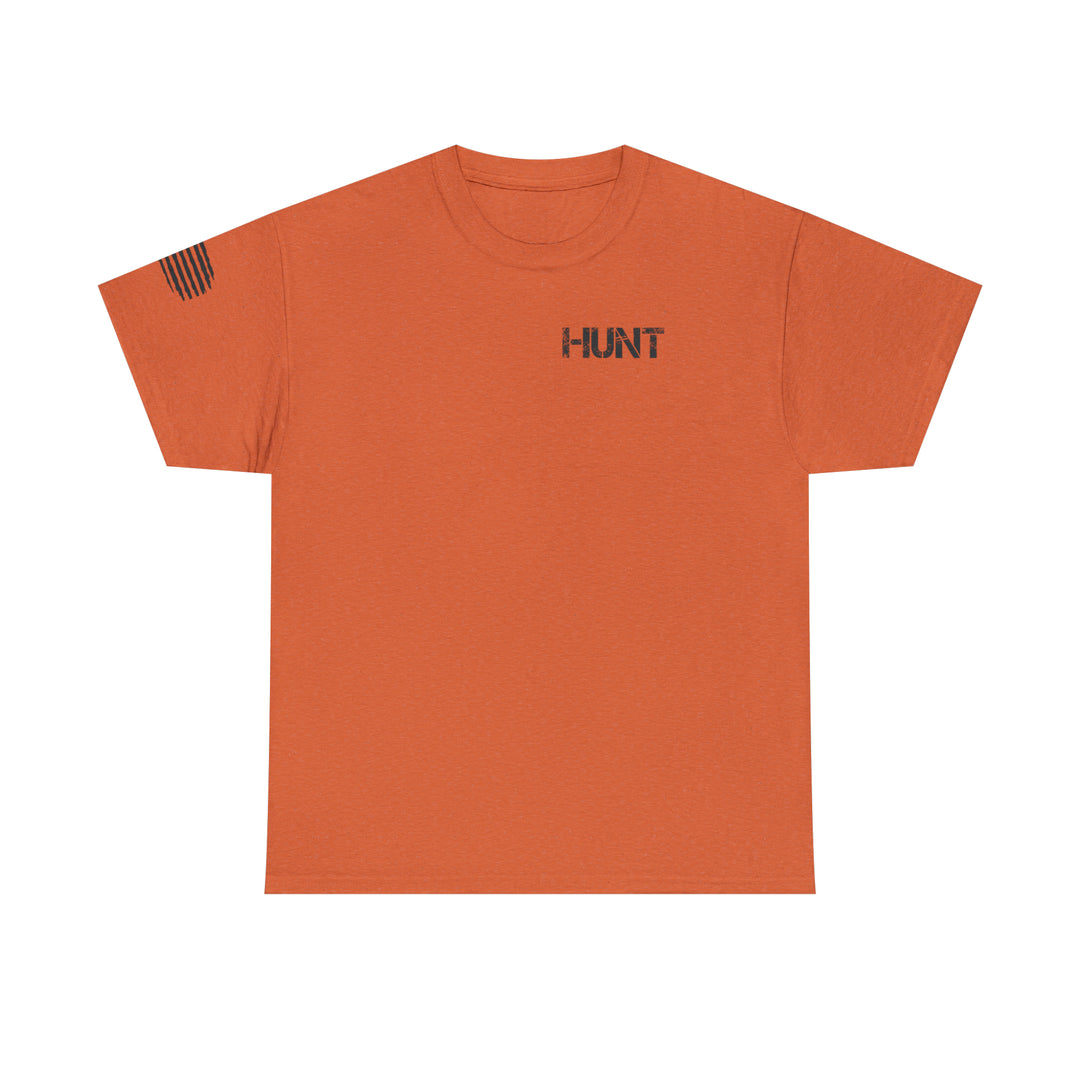 Alt text: American Hunter Tee: Premium fitted men’s short sleeve t-shirt with ribbed knit collar, side seams for shape retention, and roomy fit. Made of 100% combed, ring-spun cotton for comfort and style.