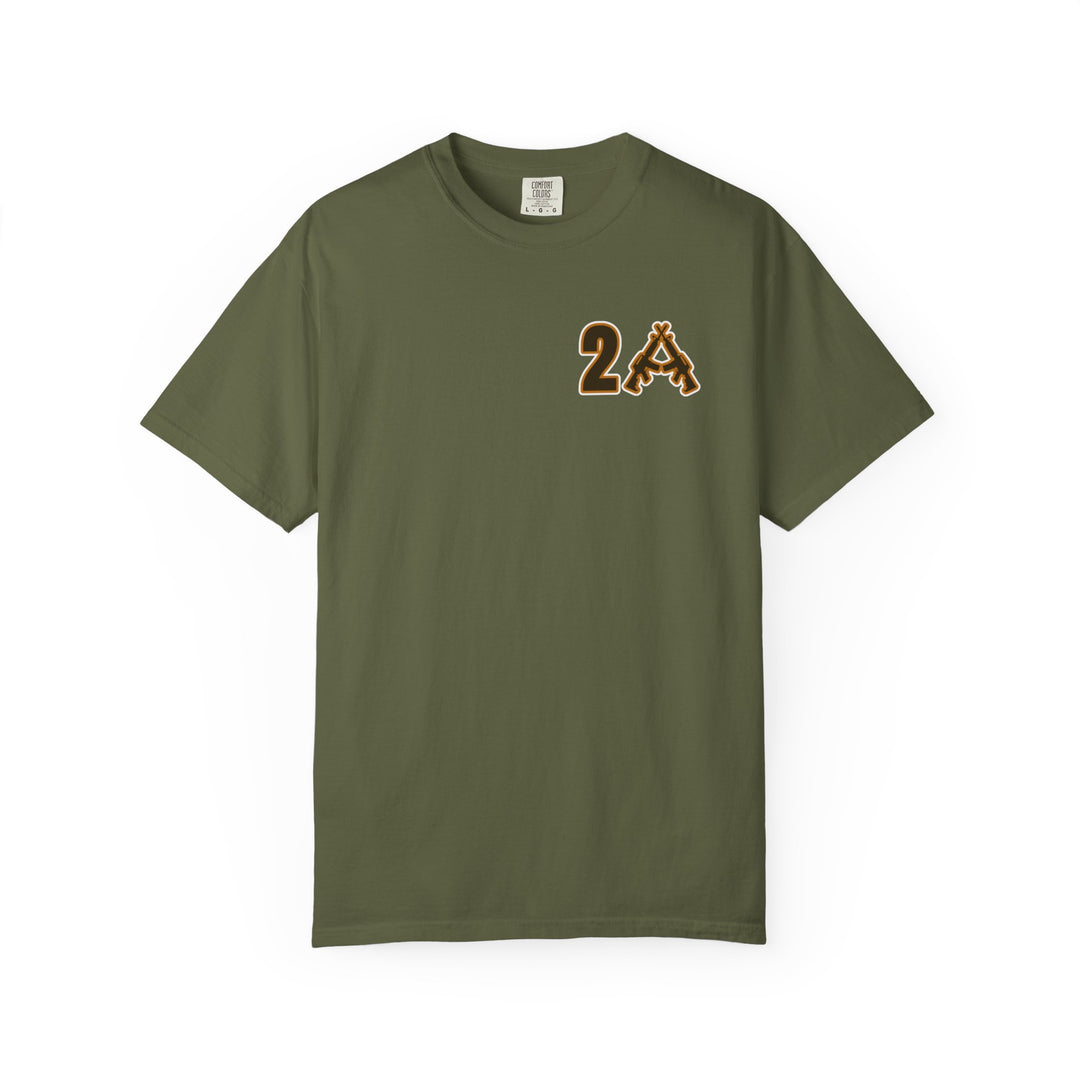 2A Tee featuring an olive-green, short-sleeve design with a gold-outlined 2 and rifle-shaped A graphic on the left chest.