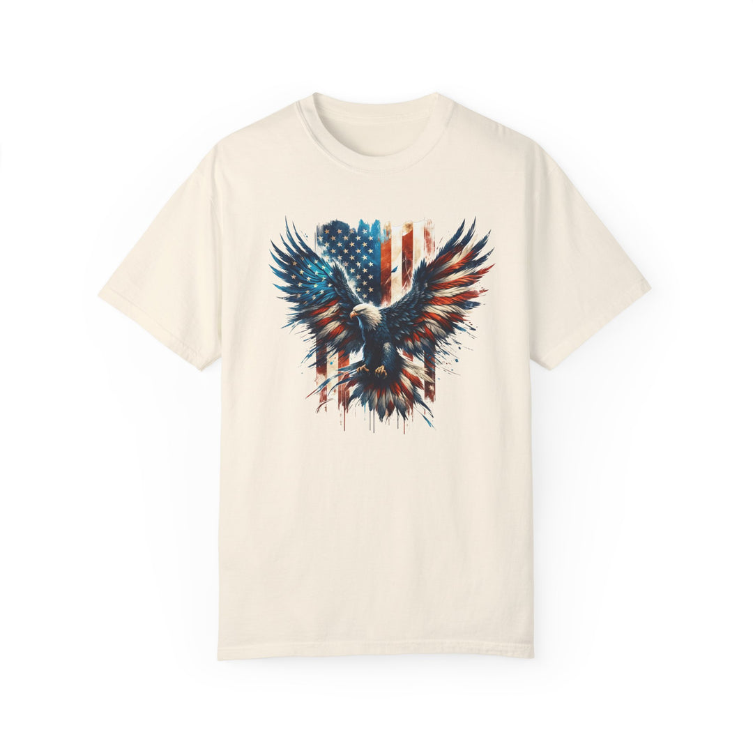 American Eagle Tee: White shirt with eagle and flag print. 100% ring-spun cotton, garment-dyed for coziness. Relaxed fit, double-needle stitching for durability. No side-seams for tubular shape.