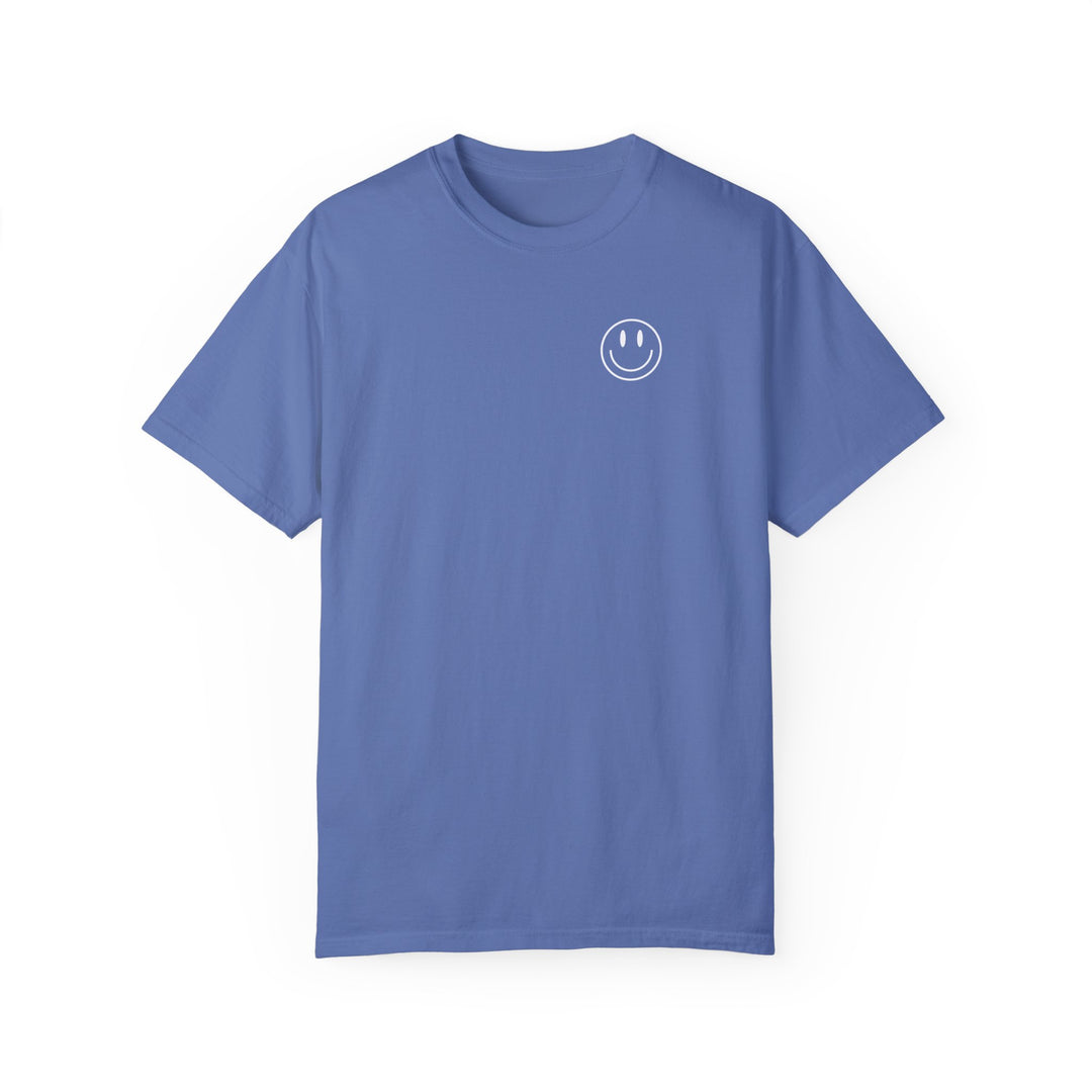 Be the reason Tee: Blue t-shirt with smiley face graphic. 100% ring-spun cotton, garment-dyed for coziness. Relaxed fit, durable double-needle stitching, no side-seams for tubular shape. Worlds Worst Tees.