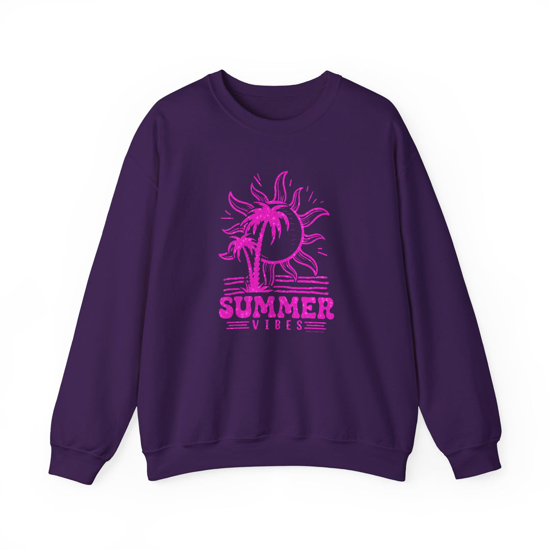 A purple sweatshirt featuring a sun and palm trees design, embodying summer vibes. Unisex heavy blend crewneck for ultimate comfort, polyester-cotton fabric blend, ribbed knit collar, and no itchy side seams. Ideal for casual wear.