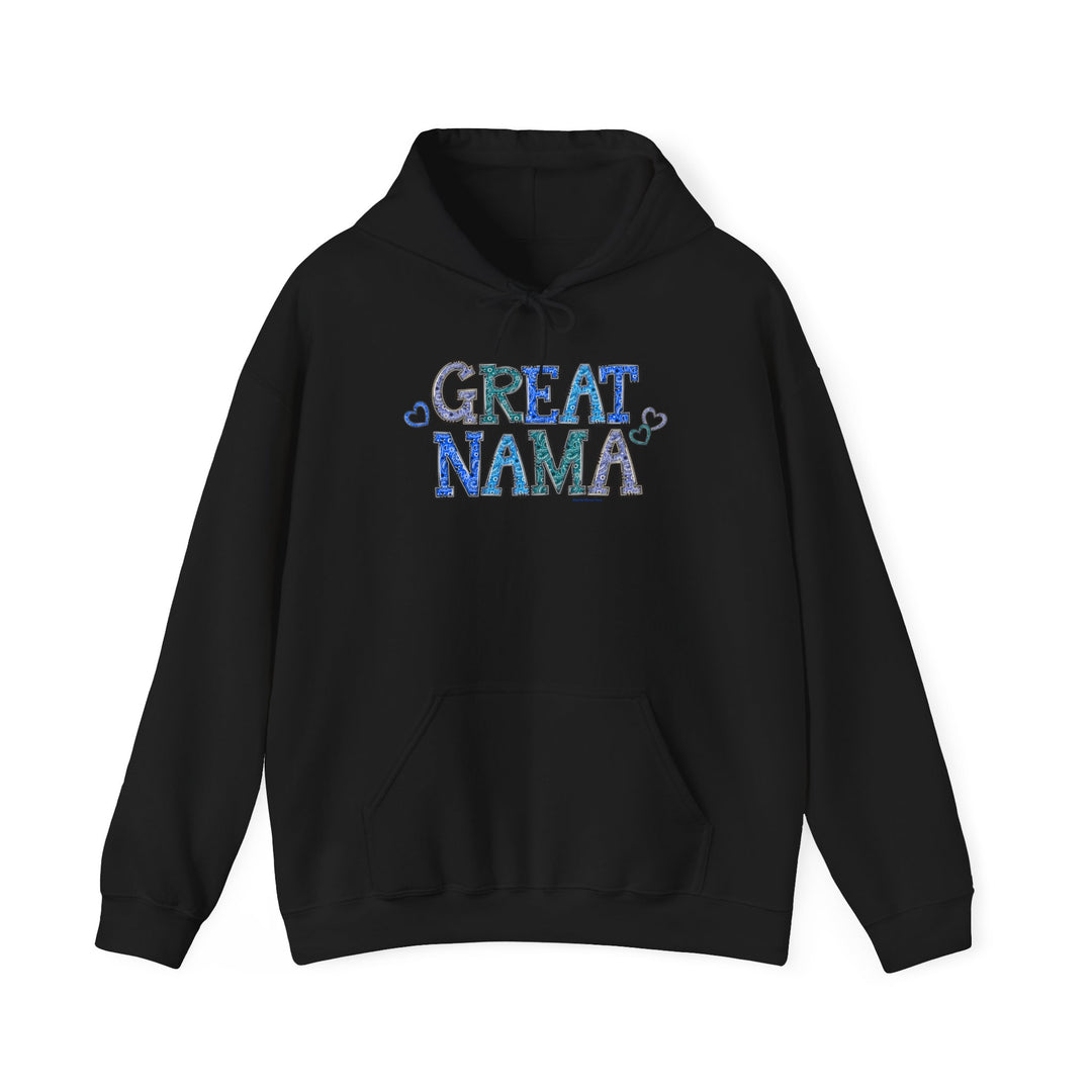 Great Nama Hoodie: A black unisex hooded sweatshirt with kangaroo pocket and drawstring. Thick cotton-polyester blend for warmth and comfort. Classic fit, tear-away label, runs true to size. Ideal for cold days.