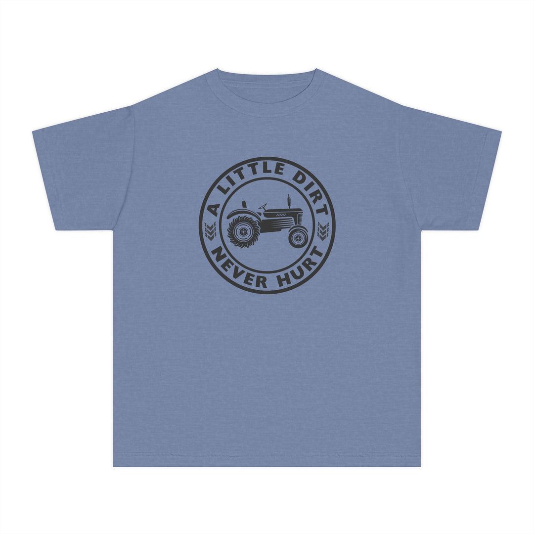 Kids' light-blue T-shirt featuring A LITTLE DIRT NEVER HURT slogan with a tractor graphic, designed for comfort and agility with 100% combed cotton.