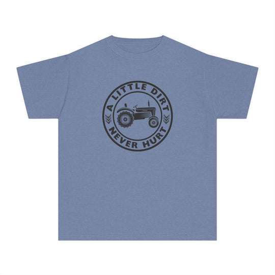 Kids' light-blue T-shirt featuring A LITTLE DIRT NEVER HURT slogan with a tractor graphic, designed for comfort and agility with 100% combed cotton.