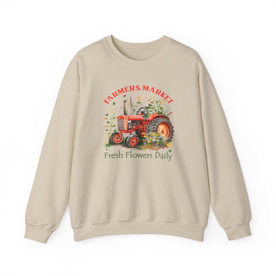 A comfortable unisex crewneck sweatshirt featuring a tractor design and fresh flowers. Made of 50% cotton and 50% polyester, with ribbed knit collar and no itchy side seams. Sizes from S to 5XL.