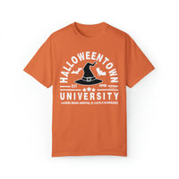 Unisex Halloweentown University Tee, garment-dyed sweatshirt with 80% ring-spun cotton, 20% polyester. Relaxed fit, rolled-forward shoulder, back neck patch. Medium-heavy fabric. Sizes S to 4XL.