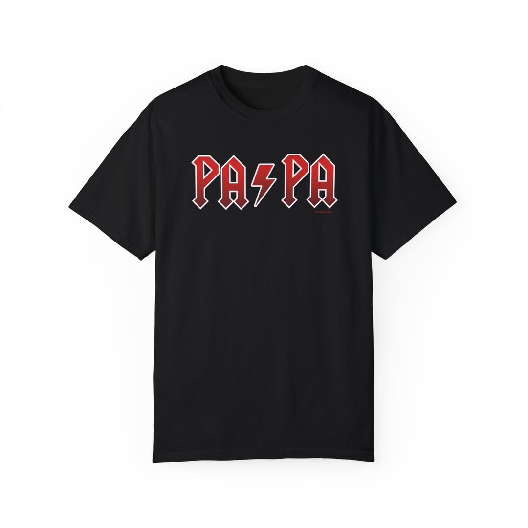 Black Pa/Pa Tee with red text, lightning bolt, and logo. 100% ring-spun cotton, garment-dyed for coziness. Medium weight, relaxed fit, durable double-needle stitching, seamless design. From Worlds Worst Tees.