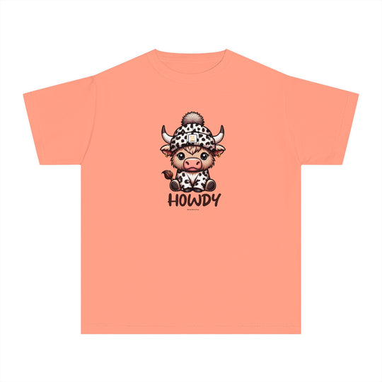 A Howdy Kids Tee featuring a cartoon cow design on a light fabric t-shirt. Made of 100% combed ringspun cotton for comfort and agility, perfect for active kids. Classic fit for all-day wear.