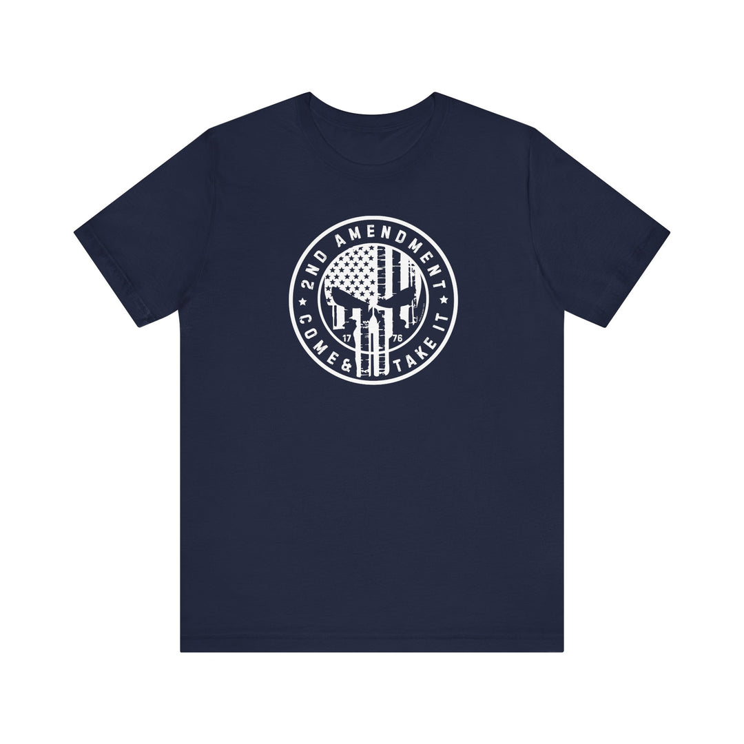 A blue tee with a flag, gun, and circle design, embodying the 2nd Amendment theme. Unisex jersey tee made of 100% Airlume combed cotton, featuring ribbed knit collars and taping on shoulders for durability.