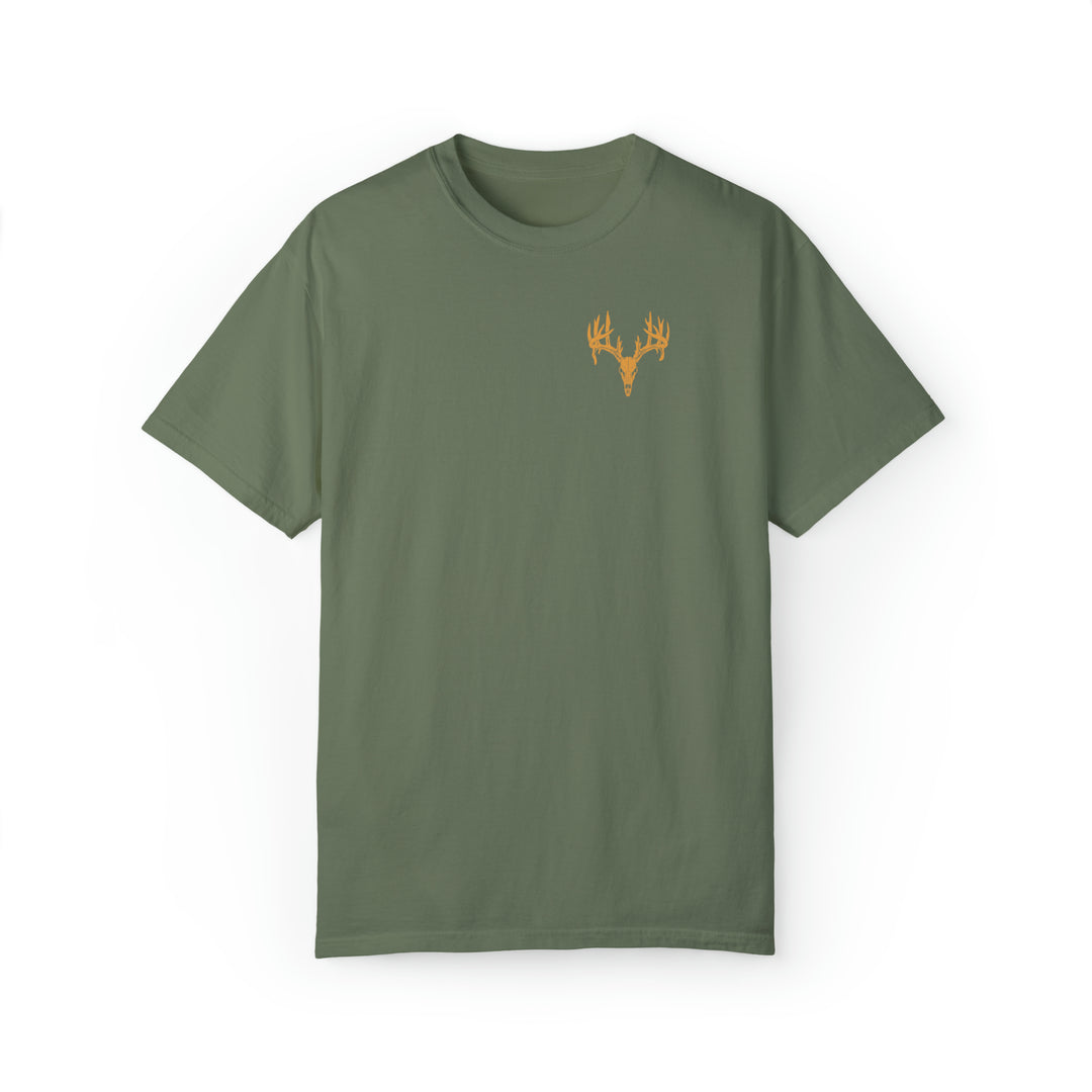 A green Tagged Out Tee with a deer head and skull design on a cotton-polyester blend fabric. Unisex, relaxed fit sweatshirt with rolled-forward shoulder and back neck patch.