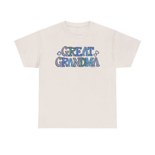 Unisex Great Grandma Tee, white cotton shirt with blue text. No side seams, durable tape on shoulders, ribbed knit collar. Classic fit, medium weight fabric. Sizes S-5XL.