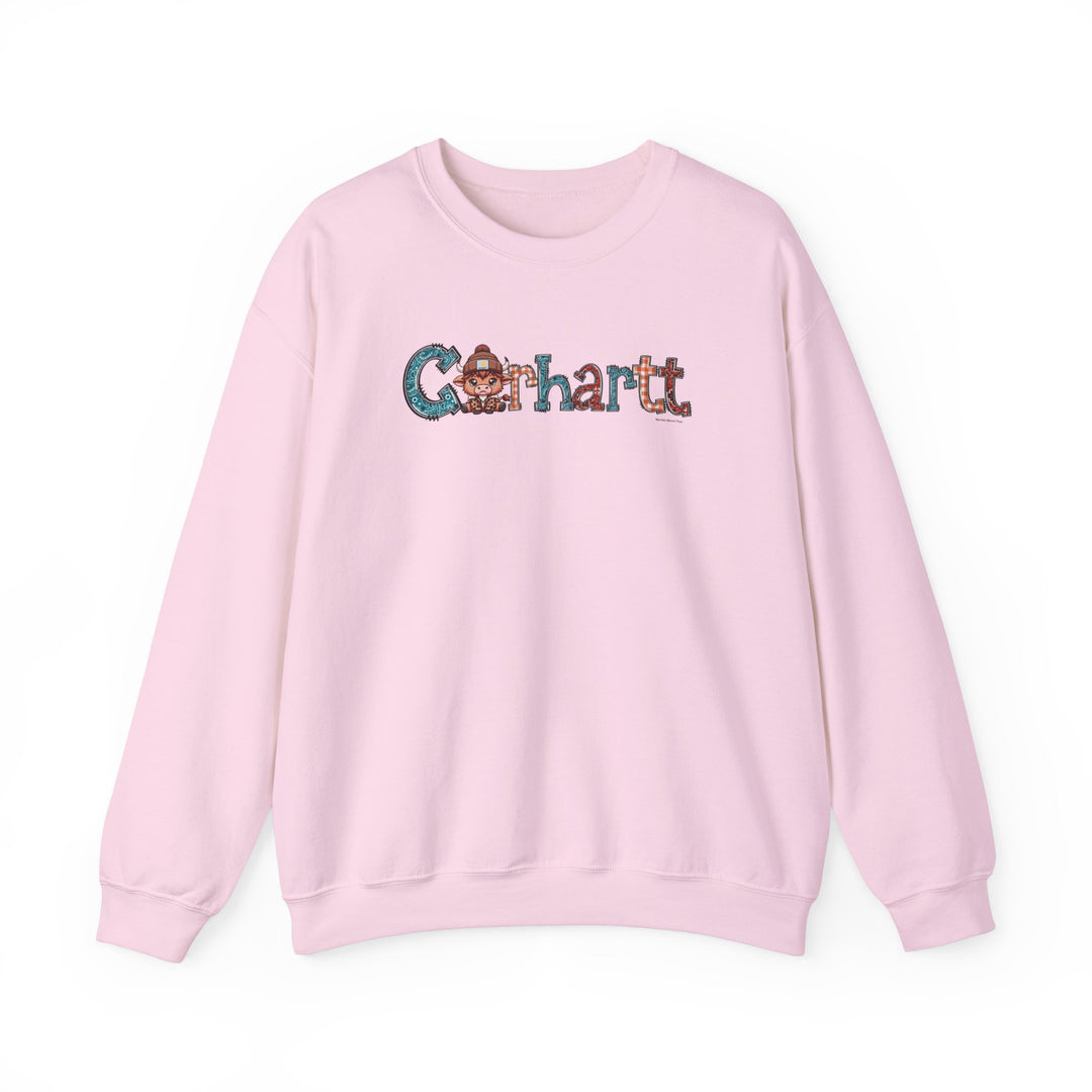 A comfortable unisex Cowhartt Crew sweatshirt in pink with a logo, ideal for any occasion. Made of 50% cotton and 50% polyester, featuring ribbed knit collar and no itchy side seams. Sizes from S to 5XL.