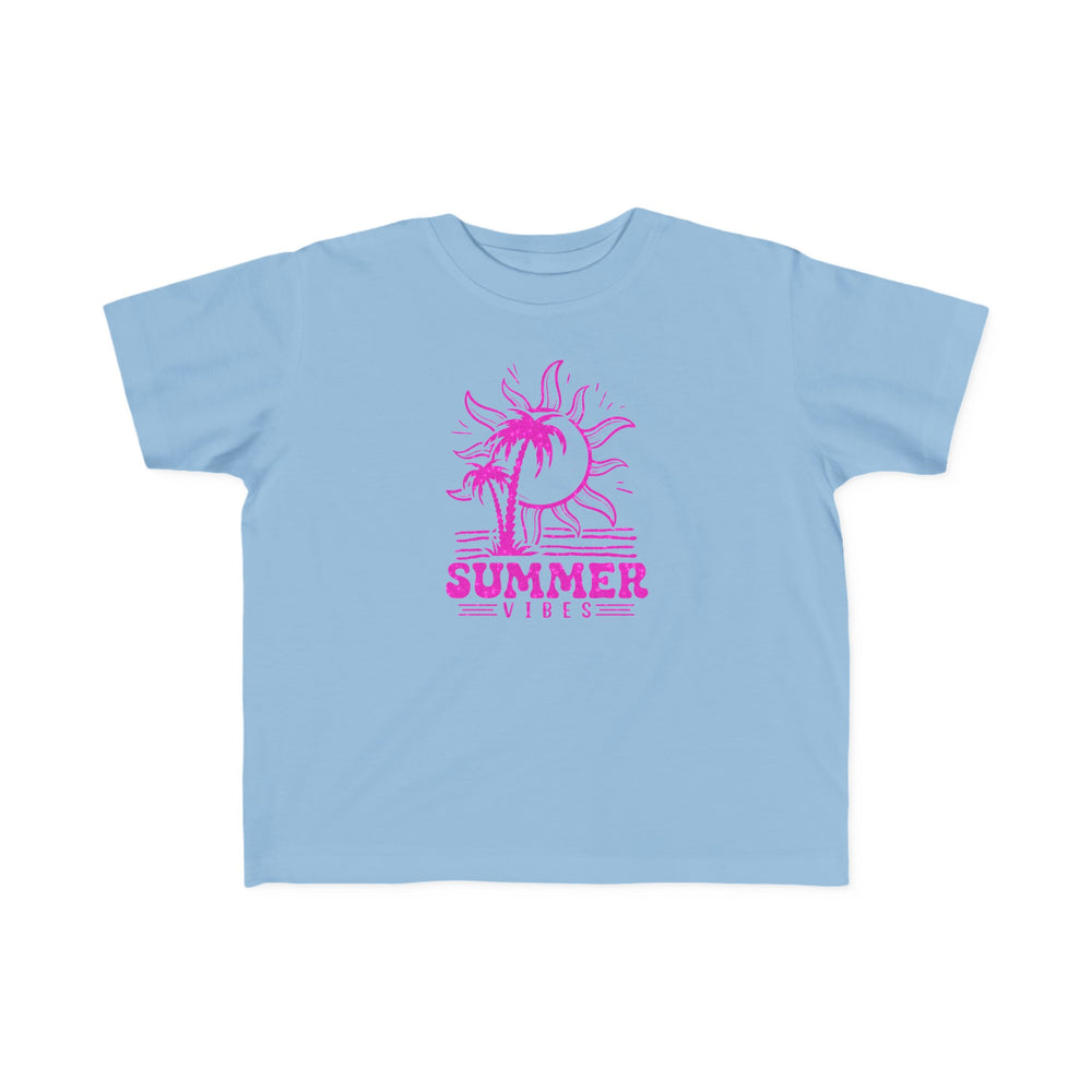 Summer Vibes Toddler Tee featuring a blue shirt with pink sun and palm trees. Soft 100% combed ringspun cotton, light fabric, tear-away label, ideal for sensitive skin and playtime.