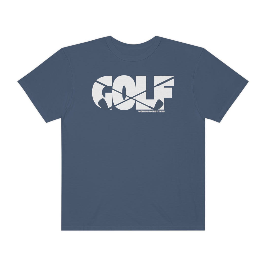 A Golf Tee shirt in blue with white text, made of 100% ring-spun cotton. Garment-dyed for extra coziness, featuring a relaxed fit, double-needle stitching, and no side-seams for durability and shape retention.
