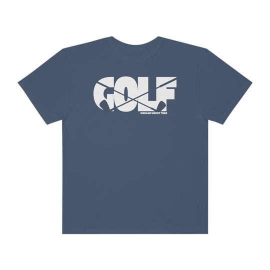A Golf Tee shirt in blue with white text, made of 100% ring-spun cotton. Garment-dyed for extra coziness, featuring a relaxed fit, double-needle stitching, and no side-seams for durability and shape retention.