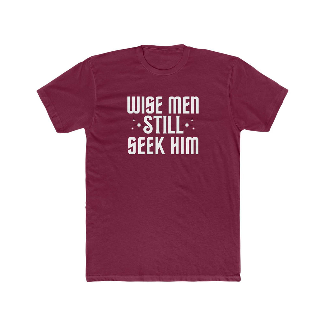 A premium Wise Men Still Seek Him Tee for men, featuring a red shirt with white text. Comfy, light, and roomy fit, ideal for workouts or daily wear. Made of 100% combed, ring-spun cotton.
