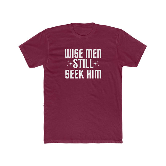 A premium Wise Men Still Seek Him Tee for men, featuring a red shirt with white text. Comfy, light, and roomy fit, ideal for workouts or daily wear. Made of 100% combed, ring-spun cotton.
