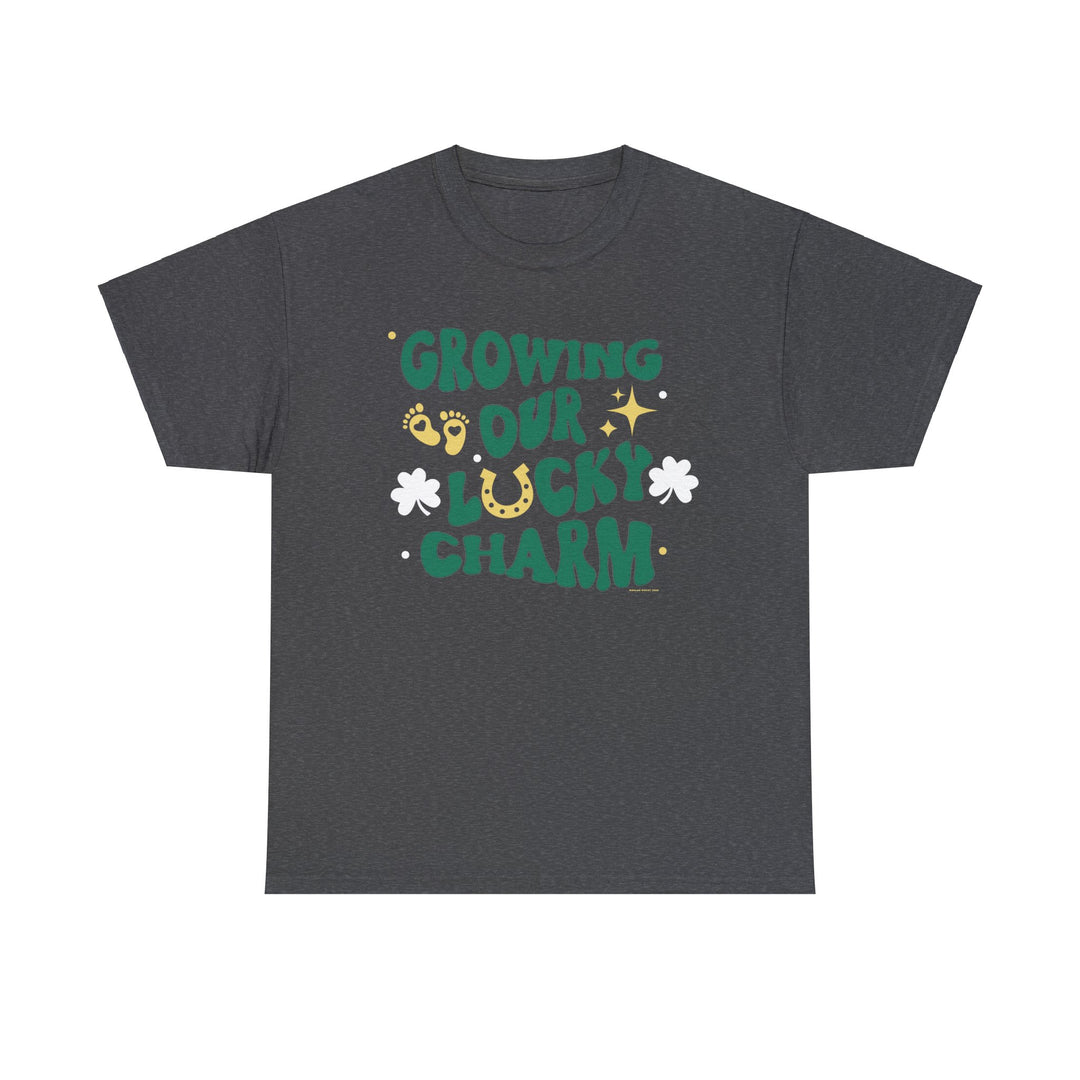 Unisex Lucky Charm Tee: A grey t-shirt with green and yellow text, featuring a white clover design. Medium fabric, 100% cotton, classic fit, tear-away label for comfort. Ethically made by Gildan.