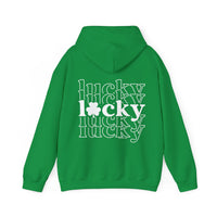 A green Lucky Lucky Lucky hoodie, a cozy blend of cotton and polyester, featuring a kangaroo pocket and matching drawstring hood. Unisex, medium-heavy fabric, tear-away label, true to size.