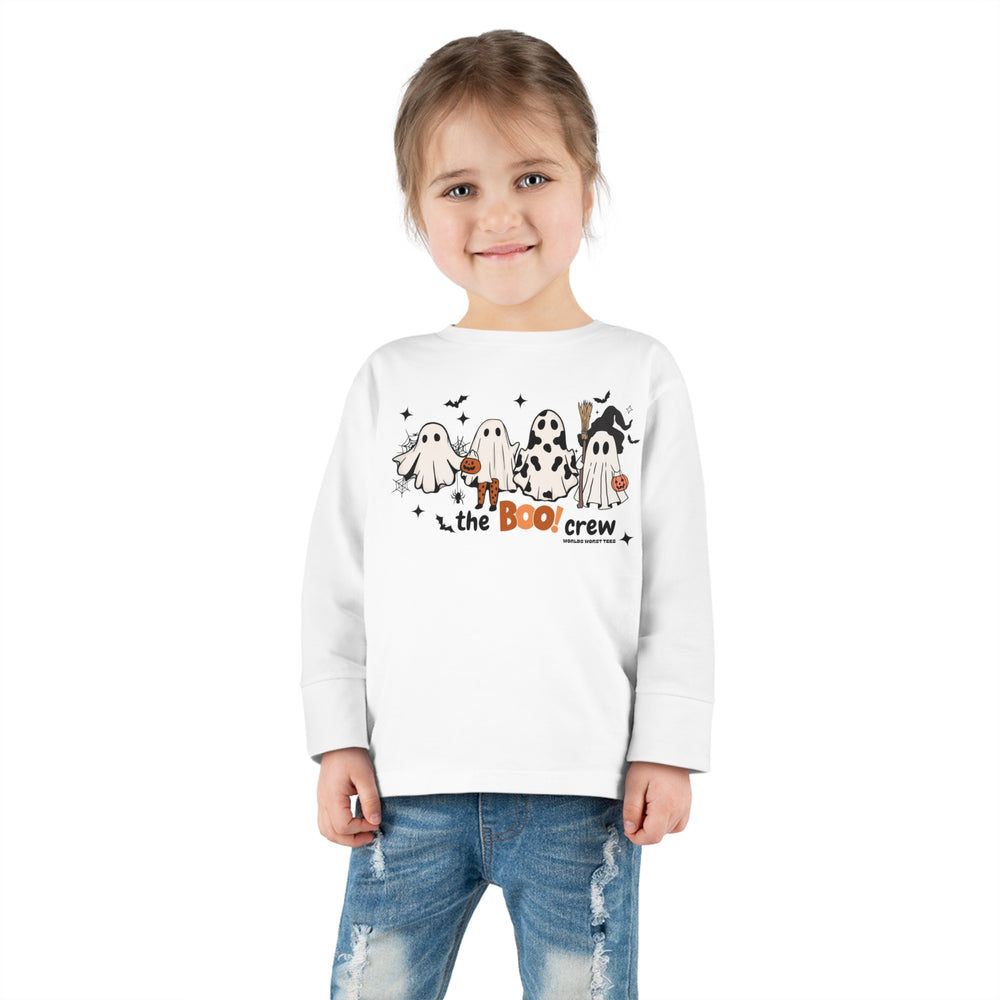 A toddler long-sleeve tee featuring a playful design of ghosts and bats, made from 100% combed ringspun cotton for durability and comfort. Perfect for the Boo Crew!