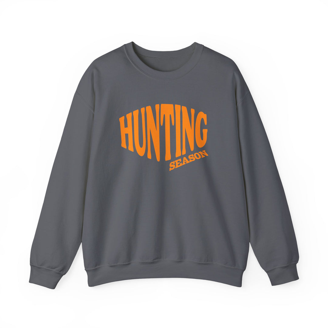 Dark gray crewneck sweatshirt with HUNTING SEASON in orange text, showcasing a comfortable, unisex design ideal for colder months.