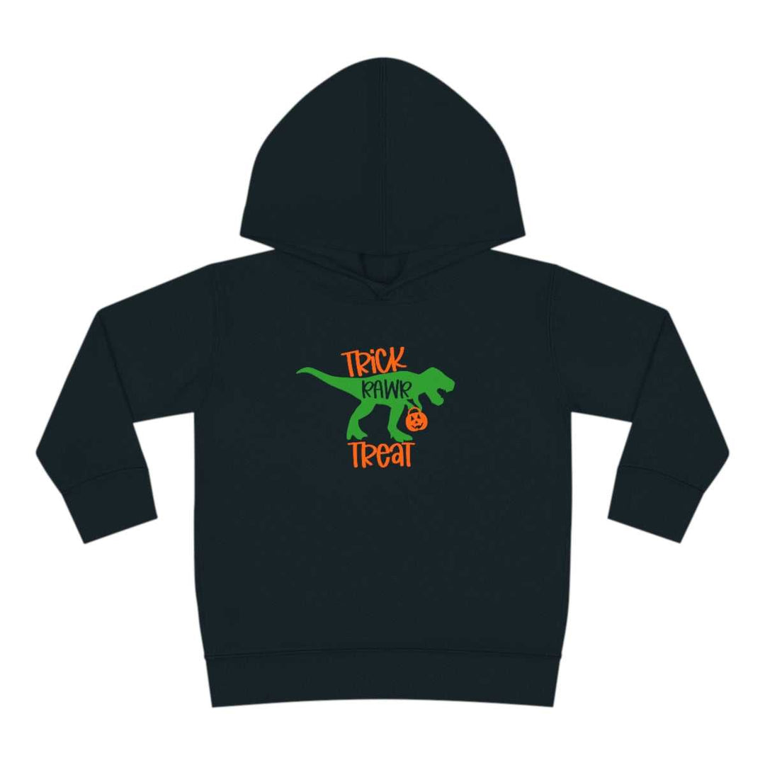 Trick Rawr Treat Toddler Hoodie featuring a dinosaur design on a black hoodie. Jersey-lined hood, cover-stitched details, and side seam pockets for durability and comfort. 60% cotton, 40% polyester blend.