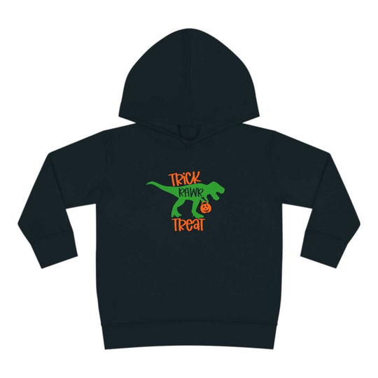 Trick Rawr Treat Toddler Hoodie featuring a dinosaur design on a black hoodie. Jersey-lined hood, cover-stitched details, and side seam pockets for durability and comfort. 60% cotton, 40% polyester blend.