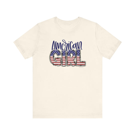 A white t-shirt featuring an American flag design, made of 100% Airlume combed and ringspun cotton. Retail fit with ribbed knit collars, taping on shoulders, and tear-away label. Sizes XS to 3XL.