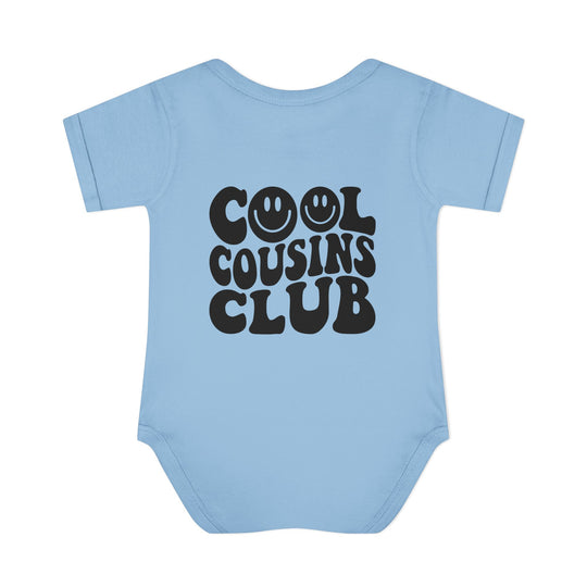Cool Cousins Club Onesie: Infant bodysuit with lap shoulders, made from soft, 100% ring-spun cotton, designed for comfort and easy adjustment. Unisex fit.