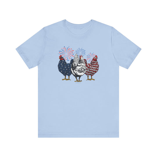 A beloved Chicken 4th Tee, featuring chickens and fireworks on a soft, 100% cotton shirt. Unisex fit with ribbed knit collars, taping on shoulders, and tear-away label. Perfect for a comfy, stylish look.