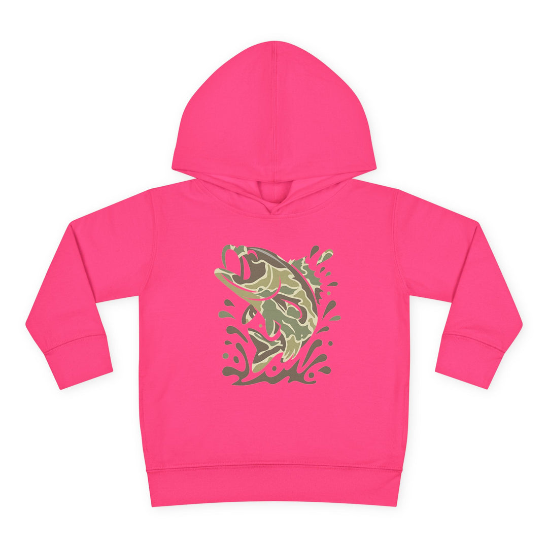 Bright pink Camo Fish Toddler Hoodie with stylized leaping fish graphic. Features ribbed cuffs, hem, attached hood, and side-seam pockets for comfort and durability.