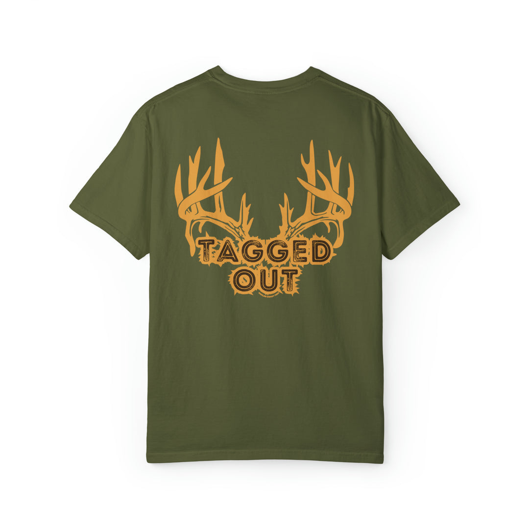 A green shirt with antlers, part of the Tagged Out Tee collection at Worlds Worst Tees. Unisex garment-dyed sweatshirt with 80% ring-spun cotton and 20% polyester, featuring a relaxed fit and rolled-forward shoulder.