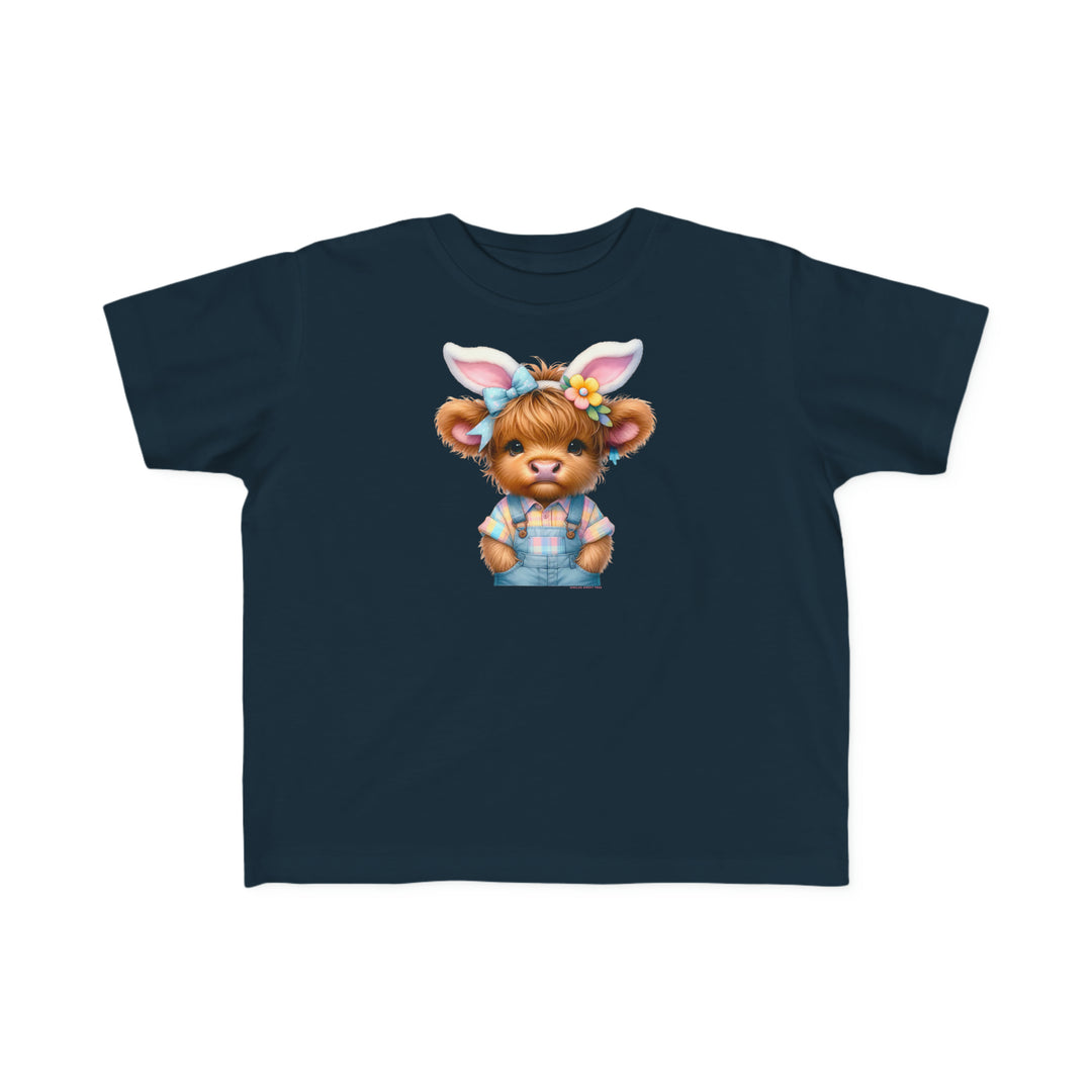 Easter Cow Toddler Tee featuring a cartoon cow in bunny ears, perfect for sensitive skin. 100% combed ringspun cotton, light fabric, classic fit, tear-away label, true to size. Ideal for first ventures.