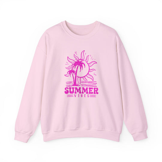 Unisex Summer Vibes Crew sweatshirt featuring a pink sun, palm trees, and beach design. Comfortable blend of polyester and cotton, ribbed knit collar, no itchy side seams. Sizes S to 5XL available.