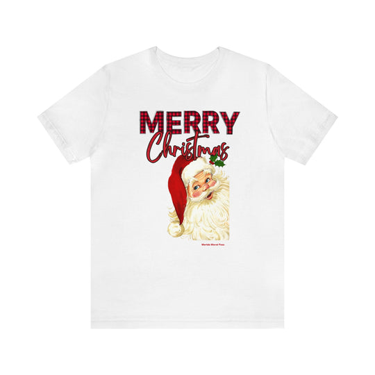 Christmas Santa Tee: White unisex jersey tee with Santa Claus print. Soft 100% Airlume cotton, ribbed knit collar, and taped shoulders for durability. Available in various sizes. From 'Worlds Worst Tees'.