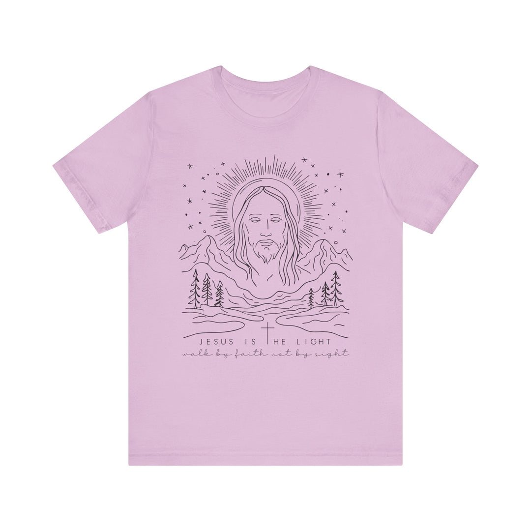 Jesus is the Light Tee, a classic unisex jersey short sleeve shirt, made from soft cotton with a ribbed knit collar, offering comfort and style.