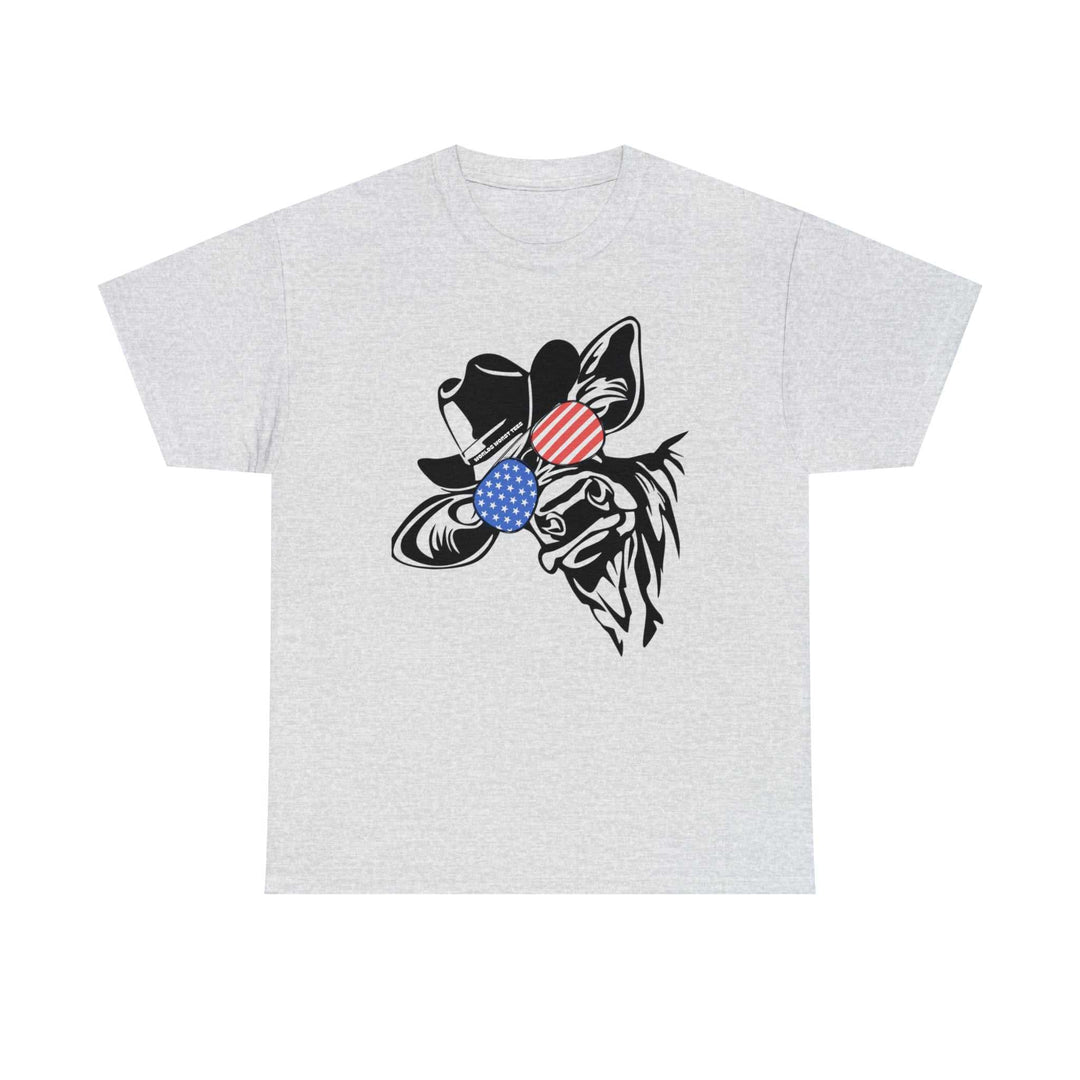 Unisex 4th of July Family Dude Cow Tee, featuring a cow in a hat and sunglasses on a tee. Classic fit, 100% cotton. Ideal for casual wear with durable design.