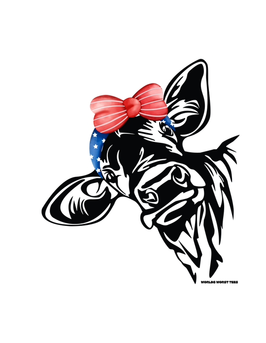 A patriotic cow wearing a headband and bow tie, surrounded by stars and stripes. Unisex heavy cotton tee with no side seams, ribbed knit collar, and durable tape on shoulders. Perfect for casual fashion.
