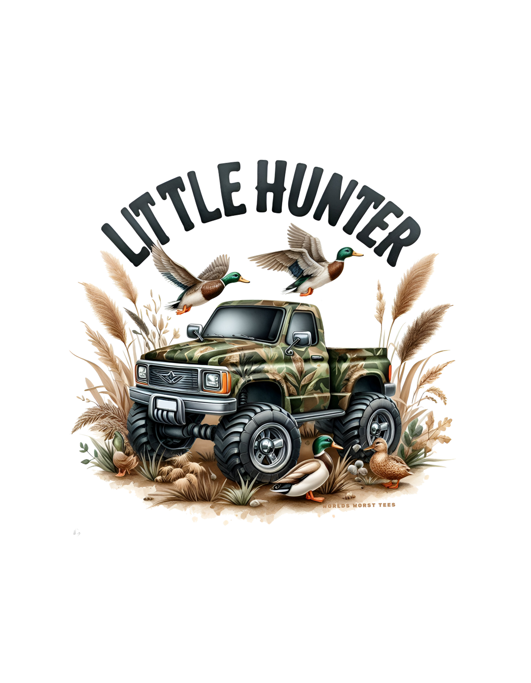 Little Hunter Toddler Tee featuring a truck with ducks and grass, a duck flying, and a tire. Soft 100% combed ringspun cotton, light fabric, tear-away label, perfect for sensitive skin and first adventures.