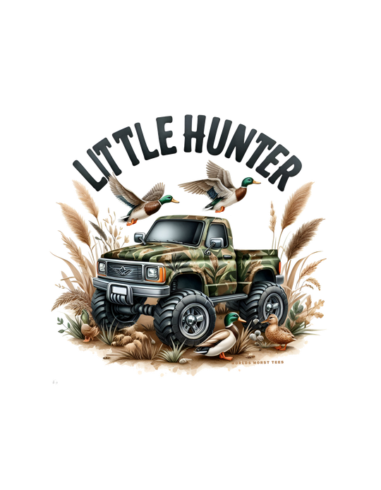 Little Hunter Toddler Tee featuring a truck with ducks and grass, a duck flying, and a tire. Soft 100% combed ringspun cotton, light fabric, tear-away label, perfect for sensitive skin and first adventures.